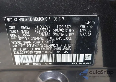 2017 Honda Hr-V Ex-L from USA, damaged, VIN 3CZRU6H72HM718457